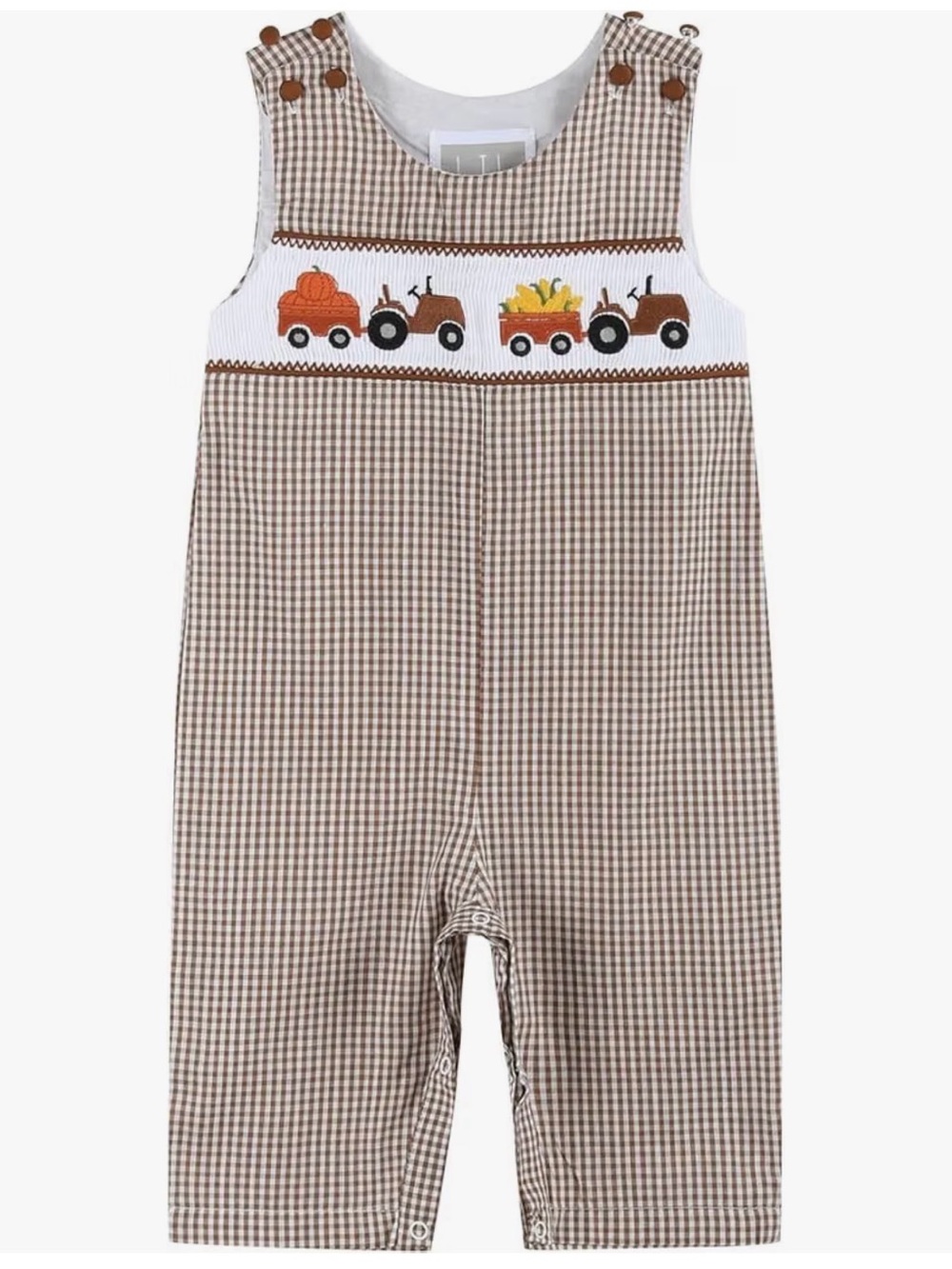 Brown Gingham Smocked Tractor Overalls for Kids